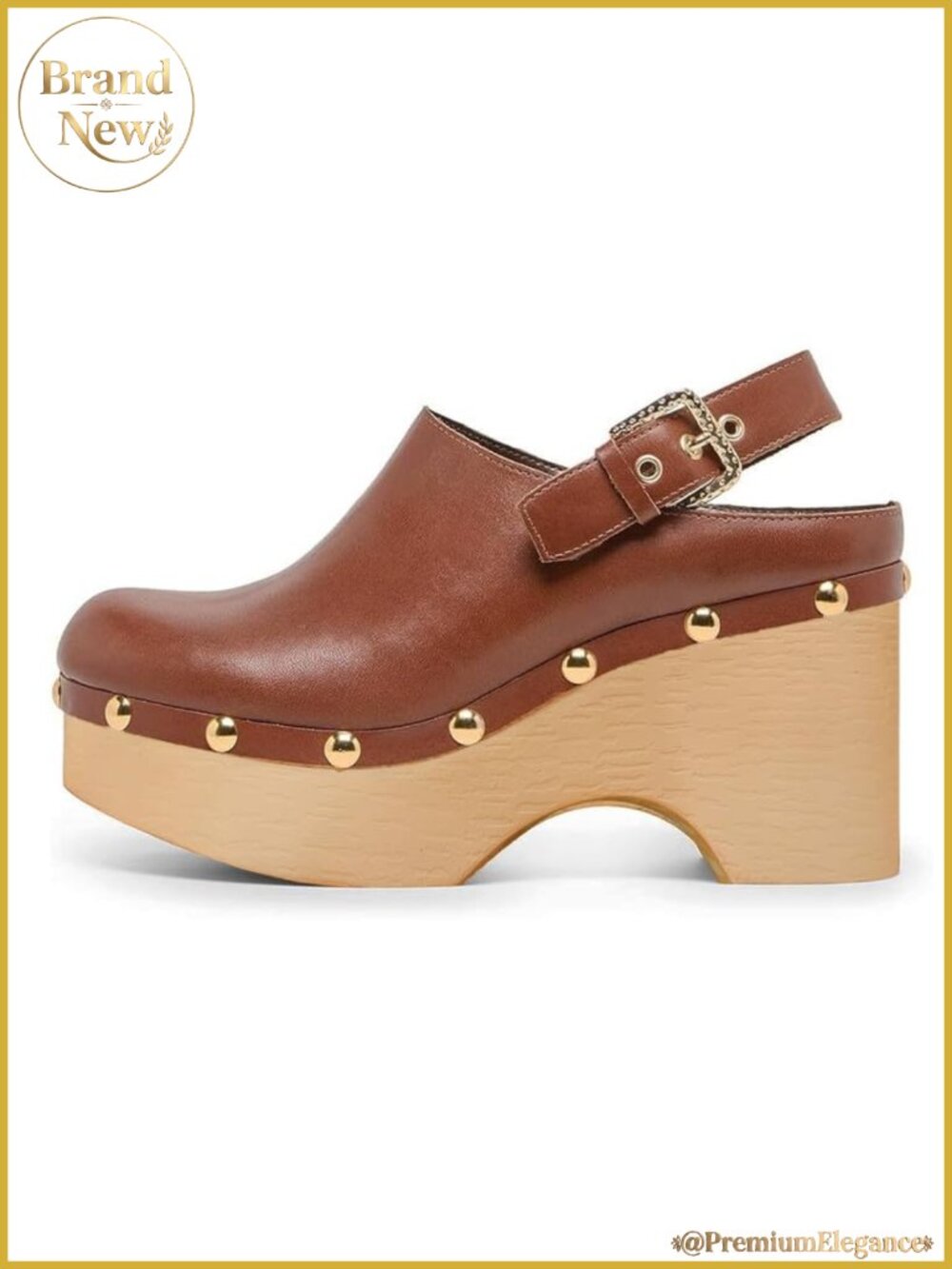 Studded Leather Platform Clogs Women Heeled Mules Back Strap Retro Wedge Slip-On